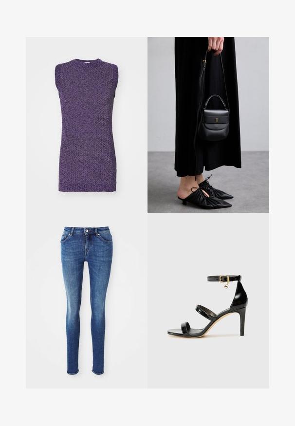 Pilkos vilnos vidutinio ilgio paltas su plačia apykakle, viena matoma saga ir dvi horizontalios priekinės kišenės, pristatomas ant baltos fono.; Šviesiai beige ilga rankovė viršuje su aukštu apykakle ir užtrauktuku nugarėlėje, pagaminta iš minkštos, lygaus audinio; turi siaurą dizainą ir tiesų apatinį kraštą.; Violet bežamis megztukas be rankovių su tekstūruotu mezgimo raštu ir apvaliu kaklu. Audinys atrodo minkštas ir šiek tiek elastingas.; Mėlynos džinsinės liesos kelnės su lygiu paviršiumi, vidutinio aukščio juosmeniu, penkiomis kišenėmis ir šviesiu blukimu ant šlaunų. Yra metalinė saga ir užtrauktukas.; Juodas patentuotas odinis sandalai su trimis diržais, kulkšnies sagtimi ir 4 colių stiletto kulnu. Yra aukso detalės ir logotipo žavesys.; Maža juoda odinė rankinė su apvalia forma, viršutine rankena ir nuimama dirželiu. Nešiojama su juoda audinio suknele ir juodais klostuotais bateliais.; Aukso spalvos žiedinės auskarai su sukimosi dizainu, turintys briaunuotą tekstūrą ir lygų paviršių. Lengvi ir tuščiaviduriai.