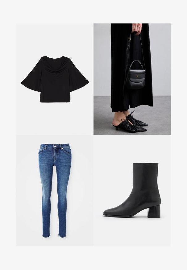 Cappotto di lana grigio di lunghezza media con ampio colletto, un unico bottone visibile e due tasche frontali orizzontali, mostrato su uno sfondo bianco.; Maglietta a maniche lunghe beige chiaro con colletto alto e zip sul retro, realizzata in un tessuto morbido e liscio; presenta un design aderente e un orlo dritto.; Top nero con maniche ampie e fluenti. Presenta un collo a cowl e una vestibilità morbida. Realizzato in tessuto leggero e morbido. Senza fantasie o accenti.; Jeans skinny in denim blu con una texture liscia, vita a media altezza, cinque tasche e leggera scoloritura sulle cosce. Presenta bottone in metallo e zip.; Stivali ankle in pelle nera con punta affusolata e tacco quadrato grosso. Texture liscia con un design senza cuciture e cuciture minimaliste.; Piccolo borsetta in pelle nera di forma rotonda, con maniglia superiore e tracolla removibile. Abbinata a un vestito in tessuto nero e scarpe a pieghe nere.; Orecchini a cerchio color oro con un design a spirale, caratterizzati da una texture rigata e una finitura liscia. Costruzione leggera e cava.