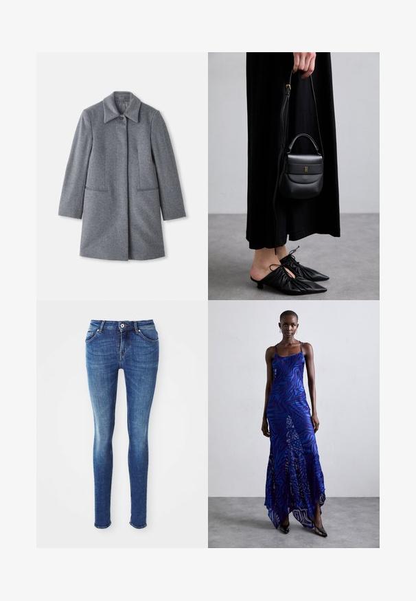 Abrigo de lana gris de longitud media con un amplio cuello, un solo botón visible y dos bolsillos frontales horizontales, exhibido sobre un fondo blanco.; Blusa de manga larga color beige claro con cuello alto y un cierre en la parte posterior, hecha de una tela suave y lisa; presenta un diseño ajustado y un dobladillo recto.; Jeans ajustados de mezclilla azul con una textura suave, cintura de altura media, cinco bolsillos y un leve desgaste en los muslos. Presenta botón de metal y cremallera.; Vestido maxi de estampado animal en azul y morado con tirantes finos, un cuerpo ajustado, dobladillo acampanado y detalles de superposición transparente.; Pequeña bolsa de cuero negra con forma redondeada, asa superior y correa desmontable. Llevada con un vestido de tela negra y zapatos plisados negros.; Pendientes de aro en tono dorado con un diseño retorcido, que presentan una textura estriada y un acabado suave. Construcción ligera y hueca.