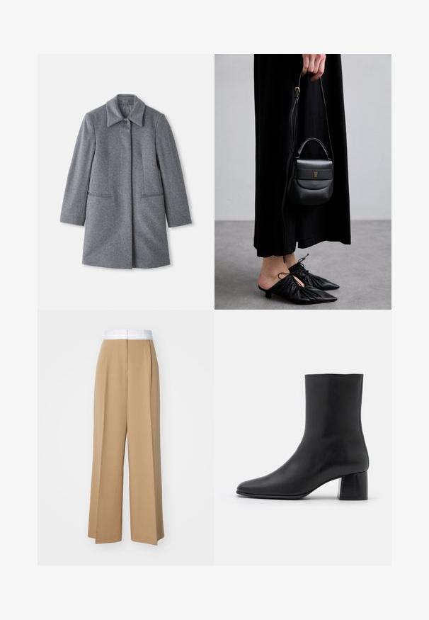 Šedý vlněný kabát střední délky s širokým klopem, jedním viditelným knoflíkem a dvěma vodorovnými předními kapsami, vystavený na bílém pozadí.; Světle béžový top s dlouhým rukávem a vysokým límcem, s zipem na zádech, vyrobený z měkké a hladké tkaniny; má přiléhavý střih a rovný lem.; Kalhoty s širokými nohavicemi vyrobené z světlehnědé látky s kontrastním bílým páskem v pase. Vyznačují se čistými liniemi a bez viditelných vzorů či ozdob.; Černé kožené kotníkové boty s špičatou špičkou a robustním čtvercovým podpatek. Hladká textura s bezšvovým designem a minimalistickým prošíváním.; Malá černá kožená kabelka s zaobleným tvarem, horním madlem a odnímatelným popruhem. Nositelná s černými látkovými šaty a černými plisovanými botami.; Zlaté kruhové náušnice s šroubovitým designem, které mají rýhovaný povrch a hladký finiš. Lehká a dutá konstrukce.