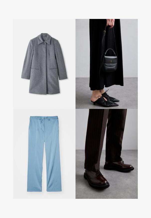 Szürke gyapjú, közepes hosszúságú kabát széles gallérral, egyetlen látható gombbal és két vízszintes elülső zsebbel, fehér háttér előtt bemutatva.; Világos bézs színű, hosszú ujjú felső, magas gallérral és hátul zippzárral, puha, sima anyagból készült; elnyúló szabással és egyenes aljjal rendelkezik.; Világoskék, bő szárú nadrág, puha anyagból készült. Jellemzője a rugalmas derékpánt, állítható húzózsinórral és oldalsó zsebekkel.; Barna bőrből készült, fényezett felületű, fűzős cipők, fekete gumitalppal és diszkrét varrásokkal. Csíkos barna nadrággal viselve.; Kis fekete bőrtáska kerekded formával, felső fogantyúval és levehető pánttal. Fekete szövetruhával és fekete redőzött cipőkkel viselve.