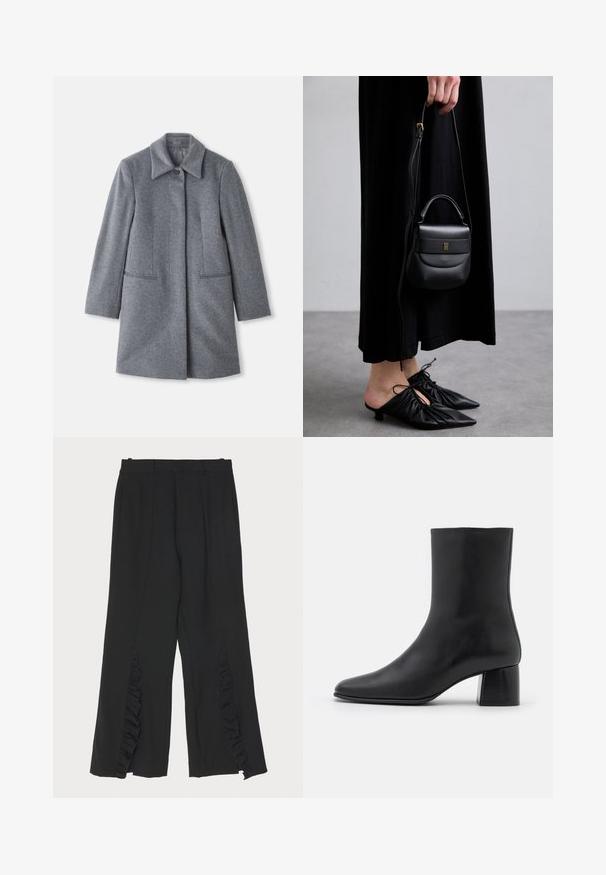 Pelēks vilnas mētelis vidējā garumā ar plašu apkakli, vienu redzamu pogu un divām horizontālām priekšējām kabatām, izlikts uz balta fona.; Gai bēšs garām piedurknēm tops ar augstu apkakli un aizmugures rāvējslēdzēju, izgatavots no mīksta, gluda auduma; ar pieguļošu dizainu un taisnu apakšmalu.; Melni bikses ar platām kājām, ar ruffles akcentiem sānos un plakanu jostasvietu. Gluda auduma tekstūra, pielāgota griezuma izpildījums.; Melnas ādas potīšu zābaki ar norādītu pirkstu un masīvu kvadrātveida papēdi. Gluda tekstūra ar bezšuvju dizainu un minimālistisku šuvēm.; Maza melna ādas rokassoma ar noapaļotu formu, augšējo rokturi un noņemamu siksnu. Valkāta kopā ar melnu auduma kleitu un melniem kroku apaviem.; Zeltaini auskari ar griezumu dizainu, kas iezīmējas ar ribotu tekstūru un gludu apdari. Vieglas un tukšas konstrukcijas.