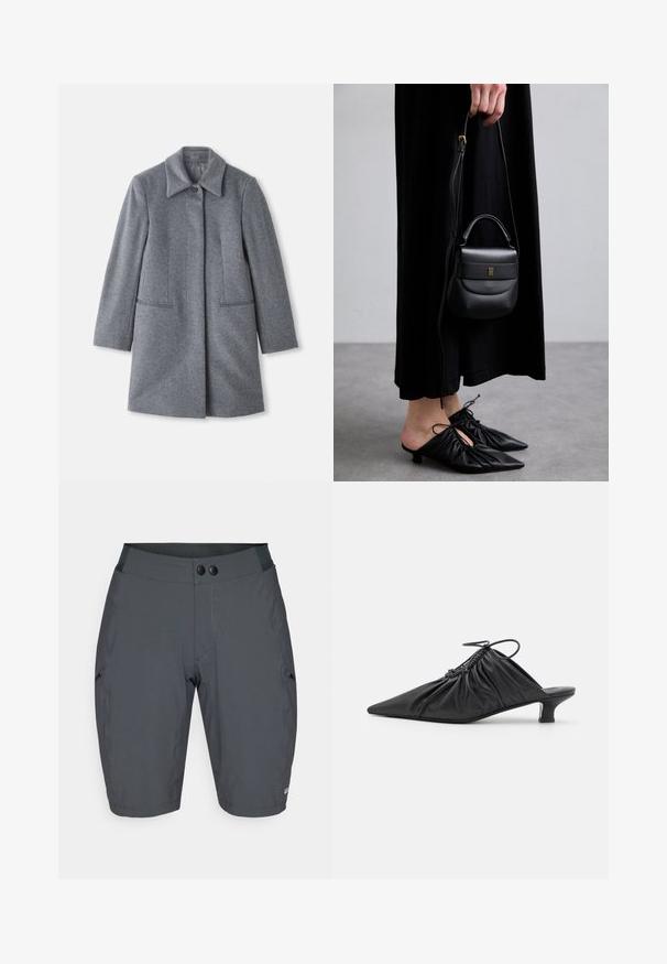 Pelēks vilnas mētelis vidējā garumā ar plašu apkakli, vienu redzamu pogu un divām horizontālām priekšējām kabatām, izlikts uz balta fona.; Gai bēšs garām piedurknēm tops ar augstu apkakli un aizmugures rāvējslēdzēju, izgatavots no mīksta, gluda auduma; ar pieguļošu dizainu un taisnu apakšmalu.; Tumši pelēki šorti ar gludu, elastīgu audumu. Iekļauj plašu jostasvietu ar divām melnām pogām un slīpām sānu kabatām.; Melnas ādas slīdējošās muļas ar piltuves formu, sakopotu tekstūru un mazu kaķu papēdi. Iezīme ir aukliņas detaļa pie atvēruma.; Maza melna ādas rokassoma ar noapaļotu formu, augšējo rokturi un noņemamu siksnu. Valkāta kopā ar melnu auduma kleitu un melniem kroku apaviem.