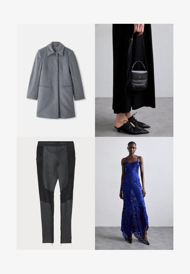 Szürke gyapjú, közepes hosszúságú kabát széles gallérral, egyetlen látható gombbal és két vízszintes elülső zsebbel, fehér háttér előtt bemutatva.; Világos bézs színű, hosszú ujjú felső, magas gallérral és hátul zippzárral, puha, sima anyagból készült; elnyúló szabással és egyenes aljjal rendelkezik.; Fekete nadrág, amely velúr és farmer textúrák keverékéből készült. Slim fit szabás, oldalsó zsebekkel és bokazippzárokkal. Simaság, jól látható panelozással.; Kék és lila állatmintás maxi ruha vékony pántokkal, testhez simuló felső résszel, kibővített szoknyával és áttetsző díszítéssel.; Kis fekete bőrtáska kerekded formával, felső fogantyúval és levehető pánttal. Fekete szövetruhával és fekete redőzött cipőkkel viselve.; Arany színű karika fülbevalók csavarodó mintával, bordázott felülettel és sima bevonattal. Könnyű és üreges szerkezet.
