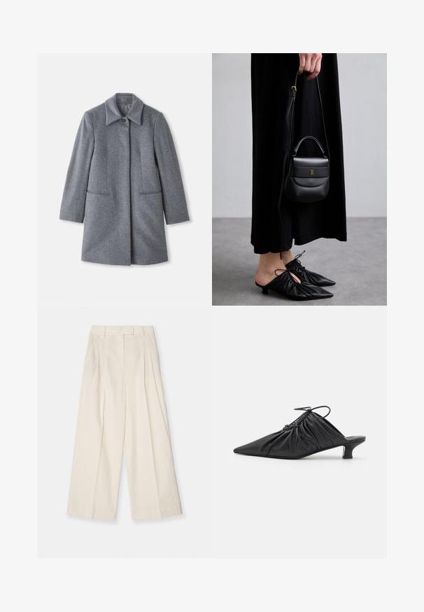 Šedý vlněný kabát střední délky s širokým klopem, jedním viditelným knoflíkem a dvěma vodorovnými předními kapsami, vystavený na bílém pozadí.; Světle béžový top s dlouhým rukávem a vysokým límcem, s zipem na zádech, vyrobený z měkké a hladké tkaniny; má přiléhavý střih a rovný lem.; Kalhoty se širokými nohavicemi z texturované krémové látky. Mají vysoký pas s záhyby, poutka na pásek a čistý, minimalistický design.; Černé kožené slip-on mule s špičatou špicí, shromážděnou texturou a malým podpatkem. Vlastnosti zahrnují stahovací detail na otvoru.; Malá černá kožená kabelka s zaobleným tvarem, horním madlem a odnímatelným popruhem. Nositelná s černými látkovými šaty a černými plisovanými botami.