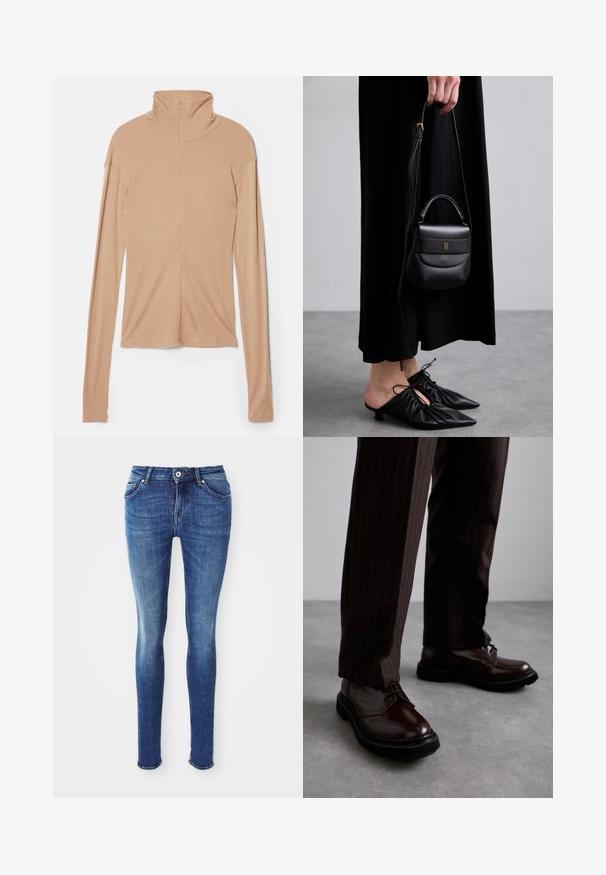 Abrigo de lana gris de longitud media con un amplio cuello, un solo botón visible y dos bolsillos frontales horizontales, exhibido sobre un fondo blanco.; Blusa de manga larga color beige claro con cuello alto y un cierre en la parte posterior, hecha de una tela suave y lisa; presenta un diseño ajustado y un dobladillo recto.; Jeans ajustados de mezclilla azul con una textura suave, cintura de altura media, cinco bolsillos y un leve desgaste en los muslos. Presenta botón de metal y cremallera.; Zapatos de cuero marrón con cordones y un acabado brillante, suela de goma negra y costuras sutiles. Llevados con pantalones marrón de rayas.; Pequeña bolsa de cuero negra con forma redondeada, asa superior y correa desmontable. Llevada con un vestido de tela negra y zapatos plisados negros.; Pendientes de aro en tono dorado con un diseño retorcido, que presentan una textura estriada y un acabado suave. Construcción ligera y hueca.