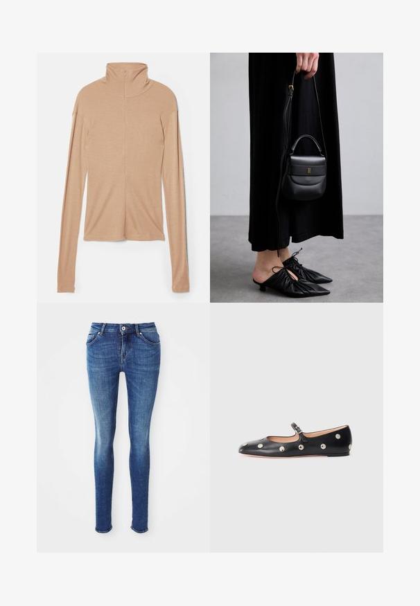 Gray wool mid-length coat with a wide collar, single visible button, and two horizontal front pockets, displayed on a white background.; Light beige long-sleeve top with high collar and a back zip, made of a soft, smooth fabric; features a fitted design and straight hem.; Blue denim skinny jeans with a smooth texture, mid-rise waist, five pockets, and light fading on the thighs. Features metal button and zip fly.; Black leather Mary Jane flat shoe with a rounded toe, featuring silver circular studs and an adjustable strap with a buckle.; Small black leather handbag with a rounded shape, top handle, and removable strap. Worn with black fabric dress and black pleated shoes.; Gold-tone hoop earrings with a twisting design, featuring a ribbed texture and a smooth finish. Lightweight and hollow construction.