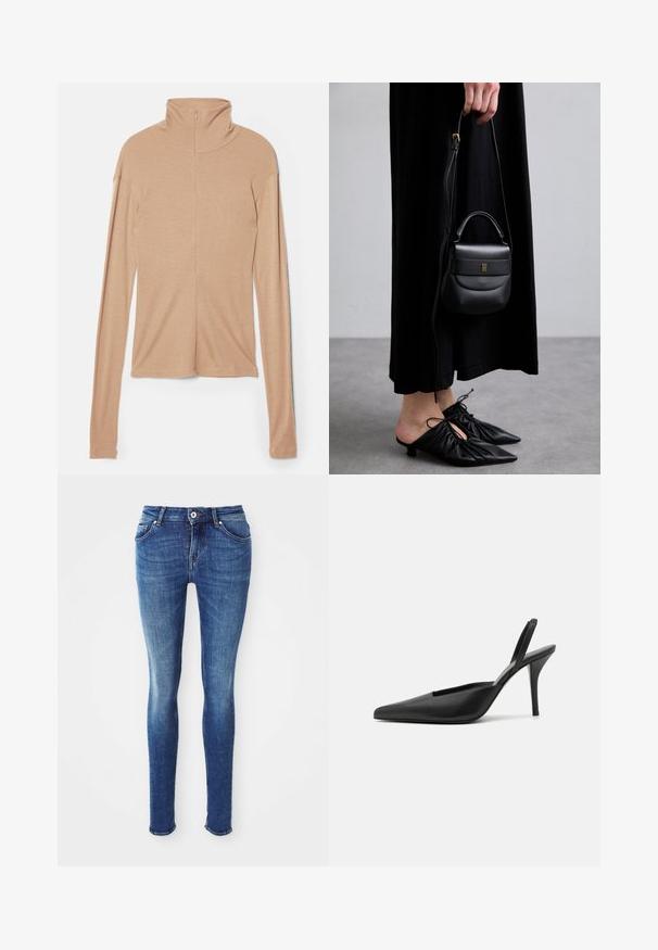 Abrigo de lana gris de longitud media con un amplio cuello, un solo botón visible y dos bolsillos frontales horizontales, exhibido sobre un fondo blanco.; Blusa de manga larga color beige claro con cuello alto y un cierre en la parte posterior, hecha de una tela suave y lisa; presenta un diseño ajustado y un dobladillo recto.; Jeans ajustados de mezclilla azul con una textura suave, cintura de altura media, cinco bolsillos y un leve desgaste en los muslos. Presenta botón de metal y cremallera.; Zapatos de tacón negro tipo slingback con puntera afilada, material de cuero suave y un diseño minimalista y elegante. Tacón alto en estilo stiletto.; Pequeña bolsa de cuero negra con forma redondeada, asa superior y correa desmontable. Llevada con un vestido de tela negra y zapatos plisados negros.; Pendientes de aro en tono dorado con un diseño retorcido, que presentan una textura estriada y un acabado suave. Construcción ligera y hueca.