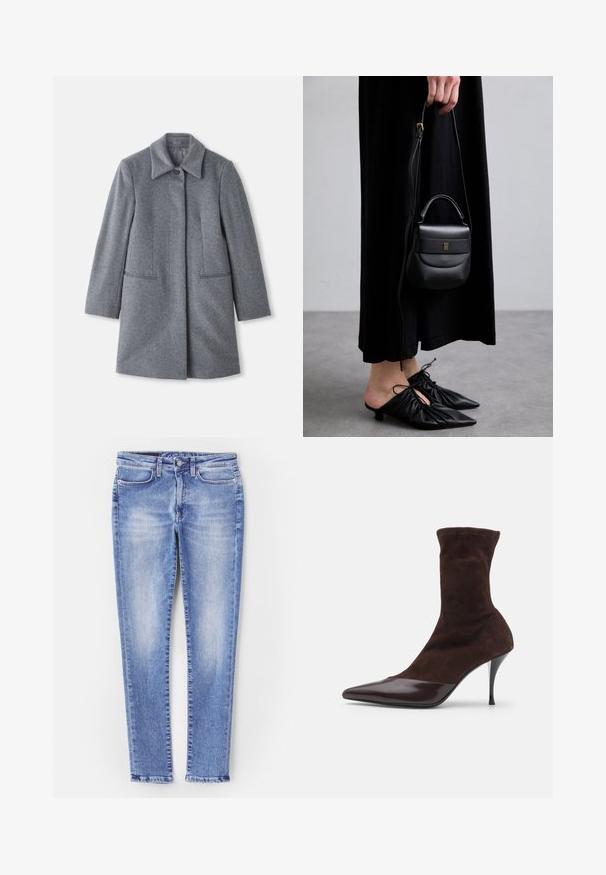 Harmaa villainen puolipitkä takki, jossa on leveä kaulus, yksi näkyvä nappi ja kaksi vaakasuoraa etutaskua, esillä valkoista taustaa vasten.; Tummanruskea pitkähihaista nappipaitaa, jossa on terävä kaulus ja piilotettu nappilista, valkoisella taustalla.; Vaaleansiniset farkut, joissa on slim fit -malli, standardi viisi taskua -design ja lievästi haalistunut pinta, suora lahje nilkoissa.; Ruskea mokkanahkainen nilkkuri, jossa on terävä kärki ja kiiltävä burgundin punainen patenttinahkainen kärki. Kengässä on myös kapea stiletto-korko ja tekstuuri päällä.; Pieni musta nahkabag, jonka muoto on pyöreä, yläkahva ja irrotettava olkahihna. Yhdistetty mustan kankaan mekkoon ja mustiin plissee-kenkään.