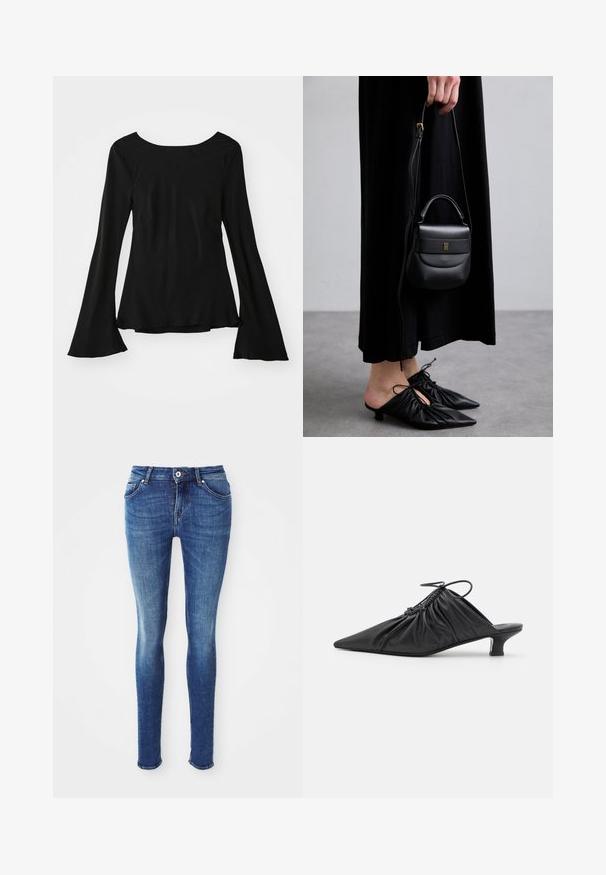 Šedý vlněný kabát strednej dĺžky so širokým golierom, s jedným viditeľným gombíkom a dvoma vodorovnými prednými vreckami, vystavený na bielom pozadí.; Čierny dlhý rukáv s okrúhlym výstrihom. Má rozšírené rukávy a mierne voľný strih. Vyrobený z hladkej, elastickej látky.; Modré úzke denimové džínsy so hladkou textúrou, stredne vysokým pásom, piatimi vreckami a svetlým vyblednutím na stehnách. Obsahujú kovový gombík a zips.; Čierne kožené slip-on mule s špicatou špičkou, zberanou textúrou a malým podpätkom. Obsahuje šnúrovací detail na otvorení.; Malá čierna kožená kabelka zaobleného tvaru, s hornou rukoväťou a odnímateľným popruhom. Nosená s čiernymi látkovými šatami a čiernymi plisovanými topánkami.; Náušnice v zlatej farbe vo forme kruhu s točiacim sa dizajnom, s drážkovanou textúrou a hladkým povrchom. Ľahká a prázdna konštrukcia.