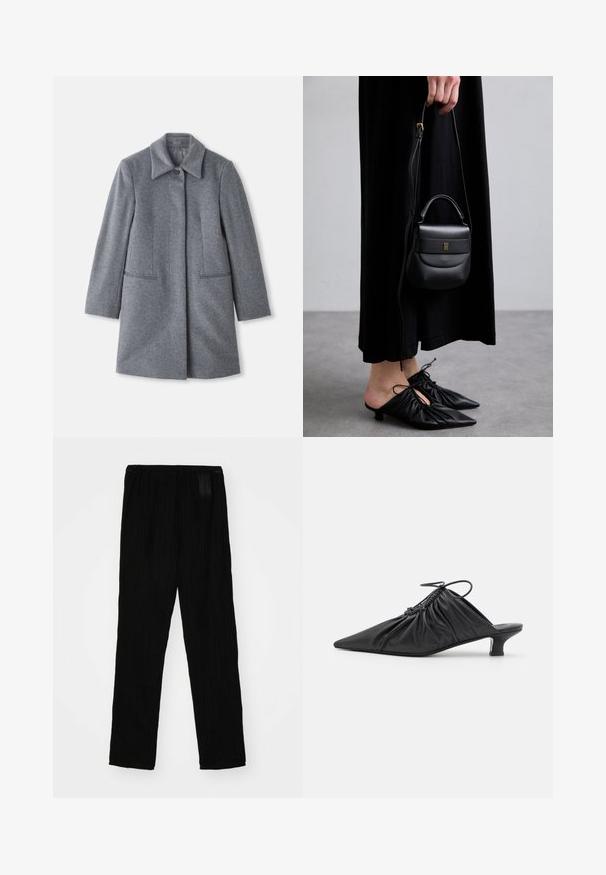 Gray wool mid-length coat with a wide collar, single visible button, and two horizontal front pockets, displayed on a white background.; Black long-sleeve top with a cowl neck, made from a soft, smooth fabric; fitted design with straight hem and no visible seams.; Black pleated trousers made of lightweight fabric, featuring an elastic waistband and straight-leg design. Smooth texture, no visible patterns.; Black leather slip-on mules with a pointed toe, gathered texture, and a small kitten heel. Features a drawstring detail at the opening.; Small black leather handbag with a rounded shape, top handle, and removable strap. Worn with black fabric dress and black pleated shoes.; Gold-tone hoop earrings with a twisting design, featuring a ribbed texture and a smooth finish. Lightweight and hollow construction.