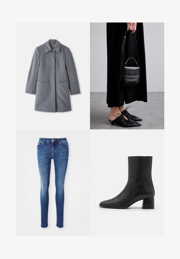 Pelēks vilnas mētelis vidējā garumā ar plašu apkakli, vienu redzamu pogu un divām horizontālām priekšējām kabatām, izlikts uz balta fona.; Divas bez piedurknēm ribotas augstā kakla blūzes brūnā un melnā krāsā, izliktas uz vienkārša balta fona.; Zili zili džinsi ar pieguļošu siluetu, gludu tekstūru, vidēju jostasvietu, piecām kabatām un vieglām balināšanas pēdām uz augšstilbiem. Iespējama metāla poga un rāvējslēdzējs.; Melnas ādas potīšu zābaki ar norādītu pirkstu un masīvu kvadrātveida papēdi. Gluda tekstūra ar bezšuvju dizainu un minimālistisku šuvēm.; Maza melna ādas rokassoma ar noapaļotu formu, augšējo rokturi un noņemamu siksnu. Valkāta kopā ar melnu auduma kleitu un melniem kroku apaviem.; Zeltaini auskari ar griezumu dizainu, kas iezīmējas ar ribotu tekstūru un gludu apdari. Vieglas un tukšas konstrukcijas.