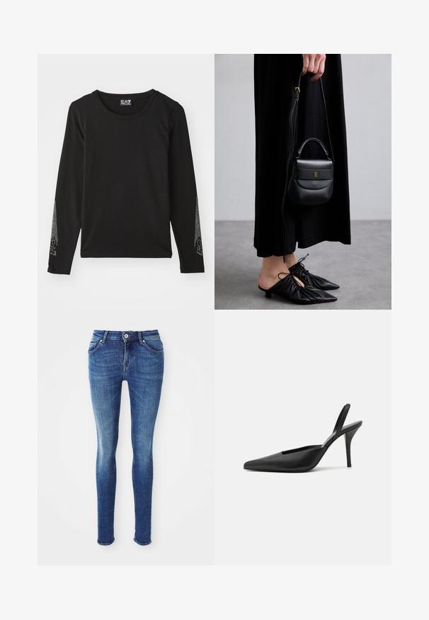 Šedý vlněný kabát střední délky s širokým klopem, jedním viditelným knoflíkem a dvěma vodorovnými předními kapsami, vystavený na bílém pozadí.; Černá dlouhá bunda s dlouhými rukávy vyrobená z měkkého materiálu, s kulatým výstřihem a stříbrnými ozdobami podél rukávů v gradientním vzoru.; Modré džíny s úzkým střihem vyrobené z denimového materiálu se hladkým povrchem, s polovičním pasem, pěti kapsami a světlým bělením na stehnech. Obsahují kovový knoflík a zip.; Černé lodičky na podpatku s špičatou špičkou, hladkým koženým materiálem a elegantním, minimalistickým designem. Vysoký jehlový podpatek.; Malá černá kožená kabelka s zaobleným tvarem, horním madlem a odnímatelným popruhem. Nositelná s černými látkovými šaty a černými plisovanými botami.; Zlaté kruhové náušnice s šroubovitým designem, které mají rýhovaný povrch a hladký finiš. Lehká a dutá konstrukce.