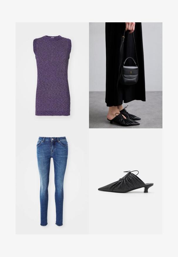 Grau wollener Mantel in mittellanger Form mit breitem Kragen, einem sichtbaren Knopf und zwei horizontalen vorderen Taschen, präsentiert auf einem weißen Hintergrund.; Lila ärmelloser Pullover mit einem strukturierten Strickmuster und einem runden Ausschnitt. Der Stoff wirkt weich und leicht elastisch.; Blaue Denim-Skinny-Jeans mit glatter Textur, mittelhohem Bund, fünf Taschen und leichter Ausbleichung an den Oberschenkeln. Mit Metallknopf und Reißverschluss.; Schwarze Leder-Mules zum Hineinschlüpfen mit spitzer Zehe, geraffter Textur und kleinem Kitten-Heel. Verfügt über ein Zugbanddetail am Öffnung.; Kleine schwarze Ledertasche mit runder Form, Obergriff und abnehmbarem Riemen. Getragen zu einem schwarzen Stoffkleid und schwarzen plissierten Schuhen.; Goldfarbene Creolen mit einem gedrehten Design, das eine gerippte Textur und eine glatte Oberfläche aufweist. Leicht und hohl konstruiert.