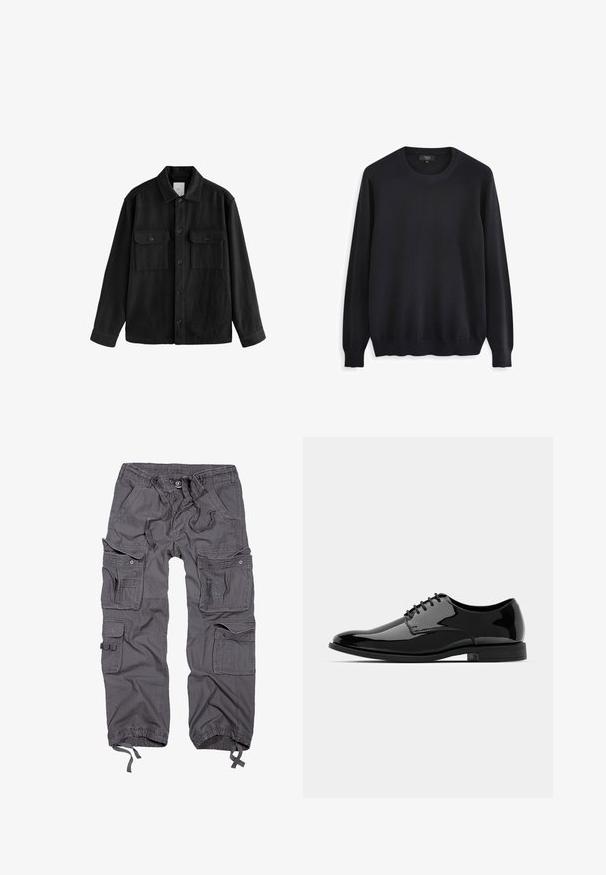 Zwarte oversized shirt gemaakt van zachte stof, met lange mouwen, twee borstzakken, een knoopsluiting aan de voorkant en een klassiek kraagontwerp.; Zwarte pullover trui van zachte stof, met een ronde halslijn, lange mouwen en ribgebreide manchetten en zoom. Eenvoudig ontwerp, zonder patronen.; Grijze cargobroek met meerdere zakken, trekkoord in de taille, knoopsluiting, taps toelopende boorden en een gestructureerde stofafwerking.; Zwarte gepatineerde leren jurkchoenen met een ronde neus, vetersluiting en een glad, glanzend oppervlak. Voorzien van een laagprofiel rubberen zool.