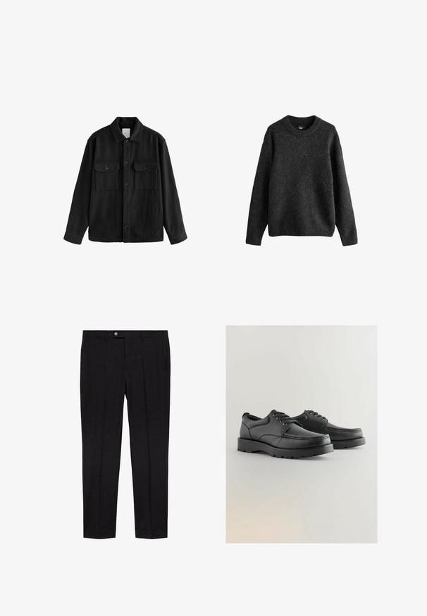 Čierna voľná košeľa vyrobená z mäkkej tkaniny, s dlhými rukávmi, dvoma náprsníkovými vreckami, predným zapínaním na gombíky a klasickým dizajnom goliera.; Tmavošedý sveter vyrobený z textúrovanej vlnenej zmesi, s okrúhlym výstrihom, dlhými rukávmi a rebrovanými manžetami a spodným okrajom. Jednoduchý dizajn.; Čierne nohavice na mieru vyrobené z tkaného materiálu, s plochým predným dielom, pútkami na opasok a bočnými vreckami, so slušným strihom.; Čierne kožené topánky s textúrovaným zvrškom, okrúhlou špičkou, šnurovacími topánkami a hrubými gumovými podrážkami s dezénom.