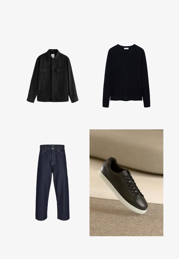 Musta ylipitkä paita, joka on valmistettu pehmeästä kankaasta. Paidan ominaisuuksiin kuuluvat pitkät hihat, kaksi rintataskua, nappisulku ja klassinen kaulussuunnittelu.; Musta ribattu pitkähihainen neule pään yli -kauluksella ja hienovaraisella tekstuurilla. Suljetut hihansuut ja helma lisäävät sen rakenteellista muotoilua.; Tummansininen farkkukangas leveälahkeinen housut, joissa on keski-korkea vyötärö, keltainen ompelu, etupainike ja klassinen viisi-taskuinen muotoilu.; Mustat nahkaiset lenkkarit valkoisella kumipohjalla ja mustilla nauhoilla, aseteltuna vaaleanbeigejän kankaan pinnan ja taustan päälle.