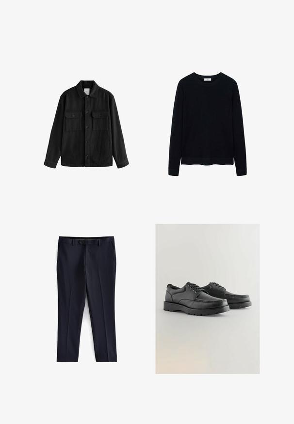 Sort oversized skjorte lavet af blødt stof, med lange ærmer, to brystlommer, knaplukning foran og en klassisk kravedesign.; Sort ribbet langærmet sweater med rund halsudskæring og subtil tekstur. Lukket manchetter og kant bidrager til dens strukturerede design.; Next SLIM FIT ESSENTIAL - Habitbukser - navy; Sorte lædersko med struktureret overdel, rund tå, snørebåndsdesign og tykke gummisåler med et slidbanemønster.