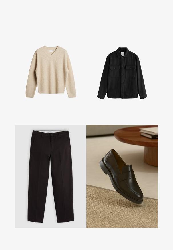 Crna oversized košulja od mekog materijala, s dugim rukavima, dva džepa na prsima, gumbom sprijeda i klasičnim dizajnom ovratnika.; Bežani, rebrasti pleteni džemper s V-izrezom i dugim rukavima. Ima opušteni kroj i teksturirani materijal za dodatnu toplinu i udobnost.; Crne ravne chinos hlače s petljama za remen, kopčanjem na dugme i bočnim džepovima, prikazane na svijetlosivoj pozadini.; Crni kožni mokasini s glatkom završnom obradom, zaobljenim vrhom i ukrasnom trakicom preko gornjeg dijela. Nizak gumeni potplat, postavljen na teksturiranoj površini.