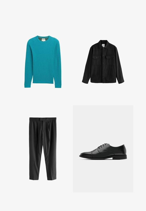 Camicia nera oversize in tessuto morbido, con maniche lunghe, due tasche sul petto, chiusura a bottoni e un classico design del colletto.; Maglione a coste in teal con maniche lunghe e scollo rotondo. Tessuto testurizzato e vestibilità dritta. Nessun marchio o motivo visibile.; Next REGULAR FIT -CHECK SMART - Chino - black; Scarpa da uomo in pelle nera con punta rotonda, design con lacci, dettagli di cucitura discreti e tacco basso. Texture liscia con finitura lucida.