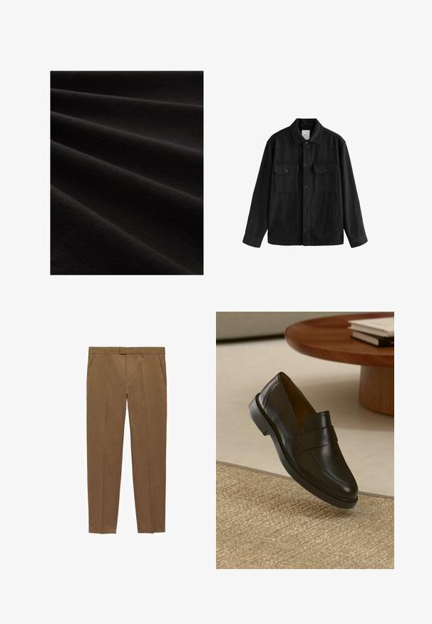 Cămașă neagră supradimensionată dintr-un material moale, având mâneci lungi, două buzunare pe piept, închidere cu butoane și un guler clasic.; Material negru cu textură netedă, prezentat în pliuri, evidențiind un luciu subtil și un model fin țesut, subliniind aspectul său moale.; Pantaloni maro, tailor-made, dintr-un material neted, cu o față plată, picioare drepte, bucle pentru curea și buzunare laterale.; Mocasin din piele neagră cu o finisare netedă, vârf rotund și o baretă decorativă pe partea superioară. Toc mic din cauciuc, așezat pe o suprafață texturată.