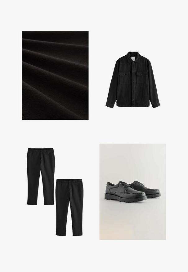 Črna oversize srajca iz mehkega materiala, z dolgimi rokavi, dvema žepoma na prsih, z gumbi na sprednji strani in klasično zasnovo ovratnika.; Črna tkanina z gladko teksturo, prikazana v gubah, ki kaže subtilen sijaj in drobno pleten vzorec, kar poudarja njen mehak videz.; Črne krojene hlače z gladko teksturo, z ravnimi nogami in pasom srednje višine. Prikazani sta dva para, ena skrajšana.; Črne usnjene čevlje z teksturirano zgornjo plastjo, okroglo toe, zavezovanjem in debelim gumijastim podplatom, ki ima vzorčno podlago.