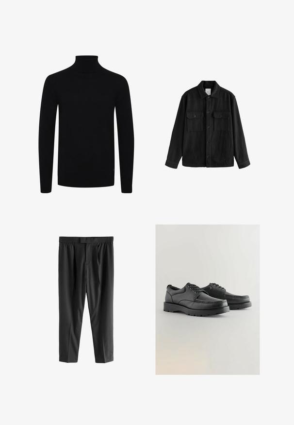 Juodas per didelis marškinis, pagamintas iš minkštos medžiagos, su ilgomis rankovėmis, dviem krūtinės kišeliais, mygtukais priekyje ir klasikiniu apykaklės dizainu.; Juodas golfo megztinis, ilgomis rankovėmis, su raštuotu apykakle ir hemu, pagamintas iš lygios trikotažo medžiagos, su subtiliu logotipu apatiniame šone.; Next REGULAR FIT -CHECK SMART - Chino stiliaus kelnės - black; Juodos odinės bateliai su tekstūruota viršutine dalimi, apvaliu priekiu, raištelių dizainu ir storais guminiais padais su protektoriumi.