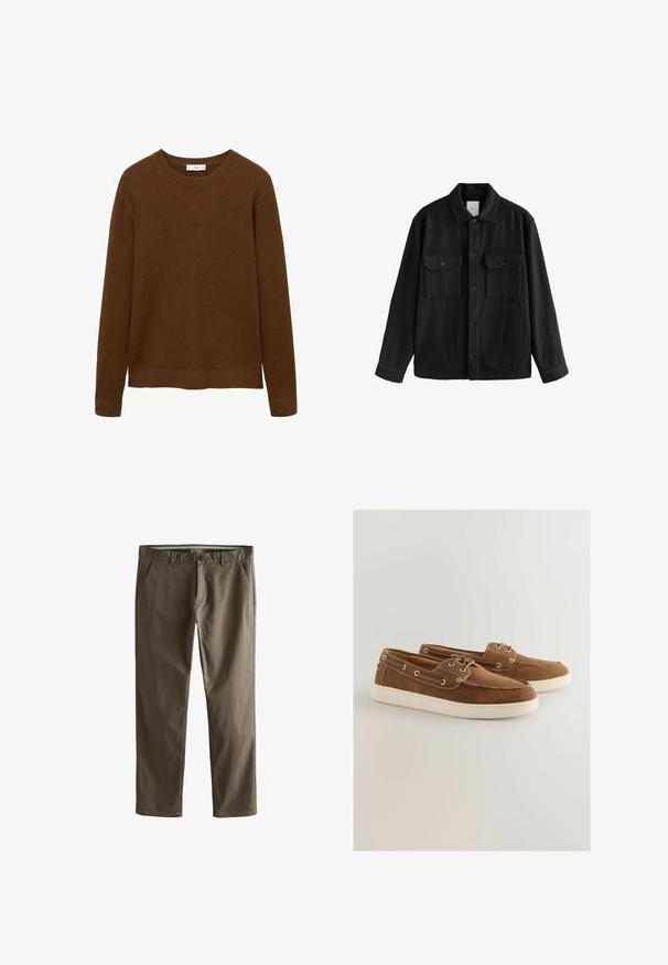 Schwarzes, übergroßes Hemd aus weichem Material, mit langen Ärmeln, zwei Brusttaschen, Knopfverschluss und klassischem Kragen.; Brauner gerippter Strickpullover, Rundhalsausschnitt, lange Ärmel und gerader Saum. Der Stoff zeigt ein durchgehend strukturiertes Muster.; Braune Baumwoll-Chinos mit geradem Beinschnitt, frontalen Taschen und Knopfverschluss. Merkmale sind eine glatte Textur und klare Linien.; Braune Wildlederschuhe mit einer weißen Gummisohle, Schnürdesign, metallischenösen und kontrastierenden Nähten entlang der Kanten.