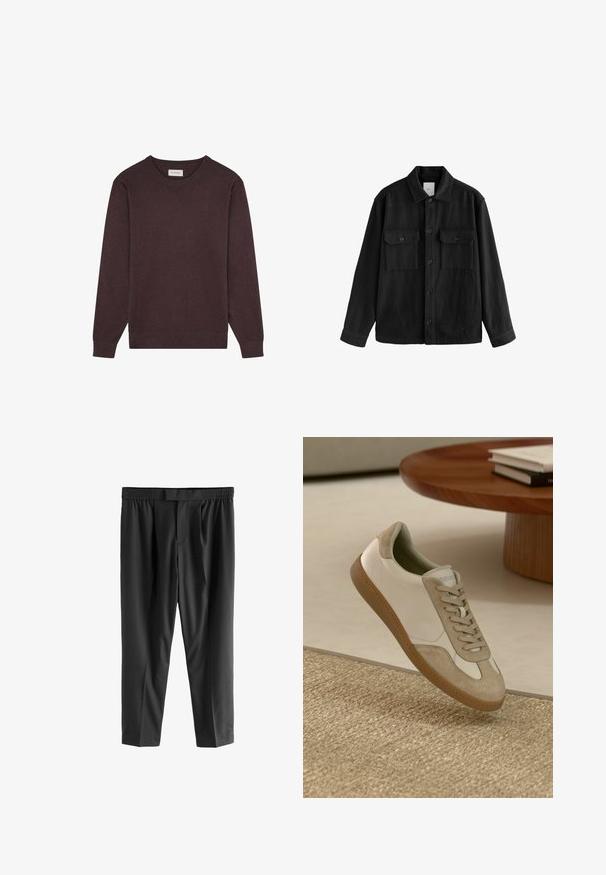 Schwarzes, übergroßes Hemd aus weichem Material, mit langen Ärmeln, zwei Brusttaschen, Knopfverschluss und klassischem Kragen.; Scalpers ROUND NECK - Strickpullover - burgundy; Next REGULAR FIT -CHECK SMART - Chino - black; Leichtgewichtiger Sneaker mit einem Obermaterial aus weißem Leder und beigen Wildlederakzenten, runder Zehenpartie und einer strukturierten braunen Gummisohle.