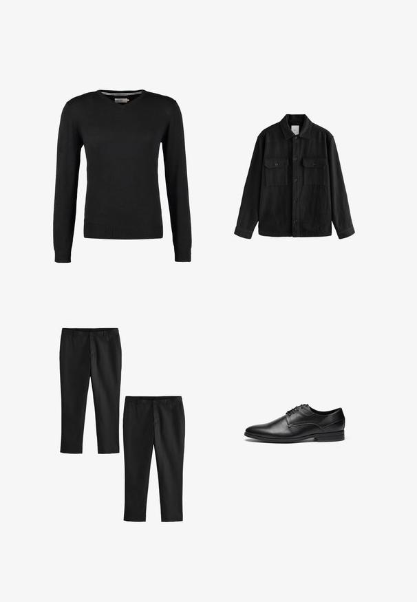 Crna oversized košulja od mekog materijala, s dugim rukavima, dva džepa na prsima, gumbom sprijeda i klasičnim dizajnom ovratnika.; Crni, prilagođeni džemper s V-izrezom i dugim rukavima. Izrađen od mekog pletenog materijala, sa rebrastim manžetama i pojasom. Minimalistički dizajn.; Crne krojene hlače s glatkom teksturom, s ravnim krojem nogavica i srednje visokim strukom. Prikazane su dvije varijante, od kojih su jedne skraćene.; Crne kožne cipele s glatkom teksturom, zaobljenim vrhom i dizajnom sa četiri rupice za vezanje. Imaju niski složeni potpeticu i šivane detalje.