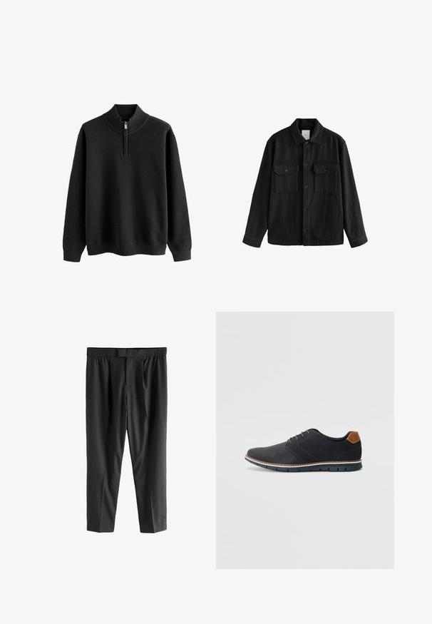 Fekete, túlnyúló ing puha anyagból, hosszú ujjakkal, két mellzsebbel, gombos elülső résszel és klasszikus gallér dizájnnal.; Fekete pulóver, cipzáros gallérral, váltott kötésű textúrával és hosszú ujjakkal; bordás mandzsettákkal és aljjal rendelkezik.; Next REGULAR FIT -CHECK SMART - Vászonnadrágok - black; Fekete szintetikus cipők, textúrált felsőrésszel, sima díszítésekkel, barna sarkával és kontrasztos talppal. Minimális fűzéssel és varrási részletekkel rendelkezik.