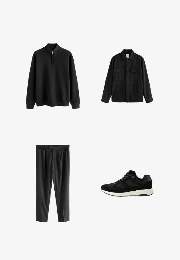 Camicia nera oversize in tessuto morbido, con maniche lunghe, due tasche sul petto, chiusura a bottoni e un classico design del colletto.; Maglione nero a collo zip, con texture a nido d'ape e maniche lunghe; presenta polsini e orlo a costine.; Next REGULAR FIT -CHECK SMART - Chino - black; Scarpa atletica nera in suede e mesh, con punta rotonda, chiusura con lacci e suola in gomma bianca con dettagli testurizzati.