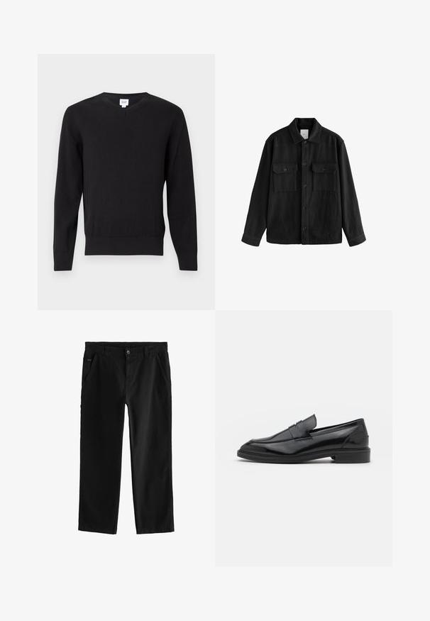 Must have suure ja pehmest kangast oversize-särk, millel on pikad varrukad, kaks rinnataskut, nööpidega esiosa ja klassikaline krae.; Must have mustavööline sviiter pika varrukaga, valmistatud siledast kangast. Omab soonikuid mansettides ja ääres, brändi silt kaelas. Standardne sobivus.; Mustpeadest puuvillased püksid otselegii disainiga, millel on ees asuv nööbi sulgemine, kaldenurkadega külgtaskud ja peened õmblemise detailid.; Mustad nahast loafers, millel on sile viimistlus, ümar varvas ja kitsas riba peal. Madal kühveldatud konts.