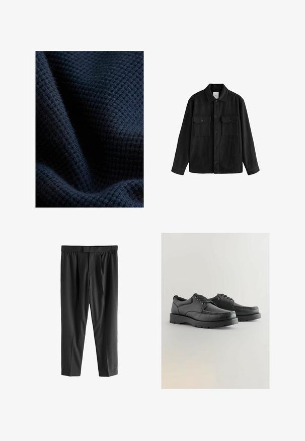 Czarna, oversize koszula wykonana z miękkiego materiału, z długimi rękawami, dwiema kieszeniami na piersi, z przodem zapinanym na guziki oraz klasycznym kołnierzem.; Ciemnoniebieska teksturowana tkanina z wzorem w kratkę, prezentująca miękki, dziany wygląd oraz delikatny połysk.; Next REGULAR FIT czarny; Czarne skórzane buty z teksturowaną cholewką, okrągłym noskiem, sznurowanym zapięciem oraz grubą gumową podeszwą z bieżnikiem.