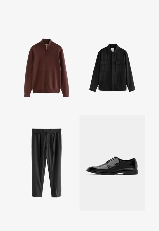 Fekete, túlnyúló ing puha anyagból, hosszú ujjakkal, két mellzsebbel, gombos elülső résszel és klasszikus gallér dizájnnal.; Next Pulóver - burgandy; Next REGULAR FIT -CHECK SMART - Vászonnadrágok - black; Fekete lakkbőr félcipő lekerekített orral, fűzős kialakítással és sima, fényes felülettel. Alacsony profilmagasságú gumitalppal rendelkezik.