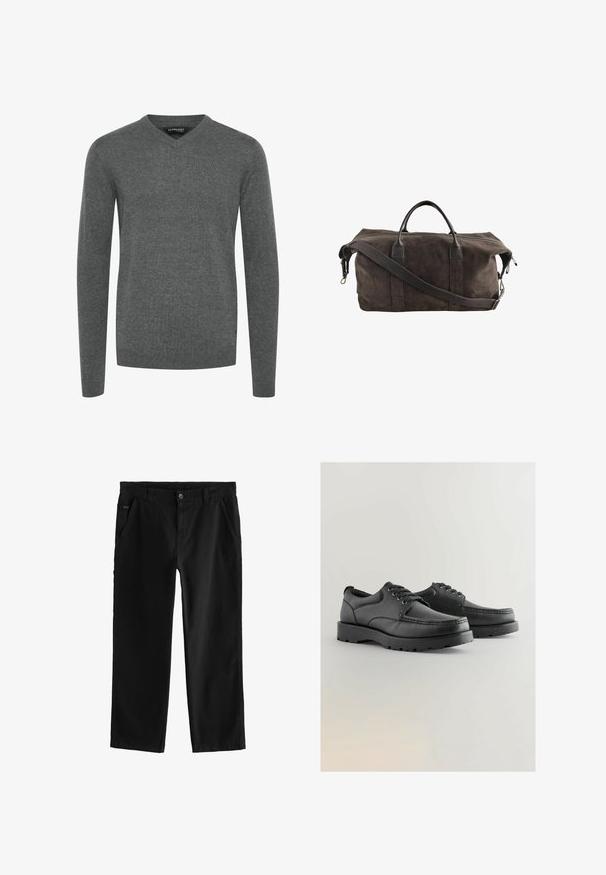 Melna pārspīlēta krekla, kas izgatavots no mīksta auduma, iezīme ir garas piedurknes, divas krūšu kabatas, pogu aizdare un klasiskā apkakle.; Pelēks V-veida kakla džemperis ar garajām piedurknēm, izgatavots no gludas adītas auduma. Iekļauj ribotas piedurknes un apakšmalu, minimālistiskais dizains, bez rakstiem vai rotājumiem.; Melni kokvilnas bikses ar taisnu kāju dizainu, kas piedāvā priekšējo pogu aizdari, slīpas sānu kabatas un smalkas duršanas detaļas.; Melnas ādas kurpes ar teksturētu virsotni, apaļu purngali, auklu aizdari, un biezām gumijas zolēm ar profilētu rakstu.; Tumši brūns zamšs sporta soma ar ādas rokturiem un regulējamu plecu siksnu, ar augšējo rāvējslēdzēju.