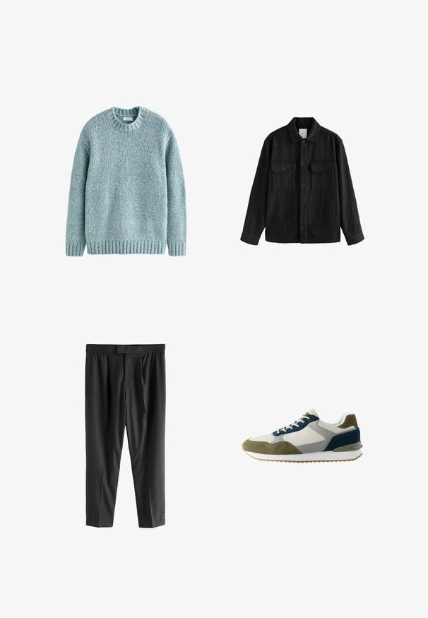 Must have suure ja pehmest kangast oversize-särk, millel on pikad varrukad, kaks rinnataskut, nööpidega esiosa ja klassikaline krae.; Hele tükelani kudumee särk, ümmarguse kaelusega, ribidega mansetid ja äär. Valmistatud tekstuuriga lõngast, omades hubast disaini, mis sobib igapäevaseks kandmiseks.; Next REGULAR FIT -CHECK SMART - Chino-püksid - black; Sokid, millel on halli võrkmaterjali ja rohelise seemisnaha kombinatsioon, sinised aktsendid, valge vahemüür ja pruun kummist välispind. Sidumisdisain.