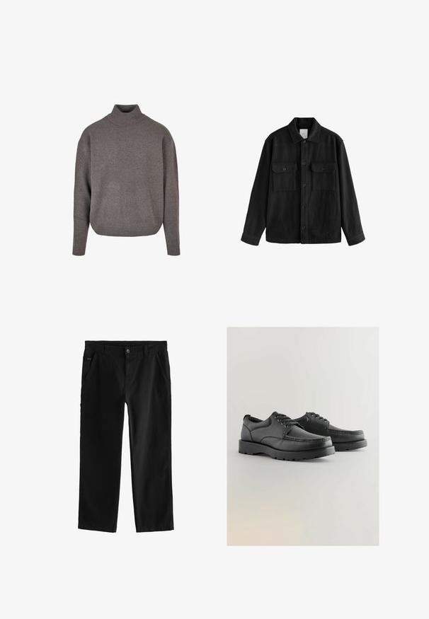 Crna oversized košulja od mekog materijala, s dugim rukavima, dva džepa na prsima, gumbom sprijeda i klasičnim dizajnom ovratnika.; Siva rolak majica izrađena od mekog, teksturiranog pletenog materijala. Širokog kroja, s dugim rukavima i rebrastim manžetama i rubom.; Crne pamučne hlače s ravnim nogavicama, s prednjim zatvaranjem na dugme, koso postavljenim bočnim džepovima i suptilnim detaljima šivanja.; Crne kožne cipele s teksturiranim gornjim dijelom, okruglim nosom, dizajnom s vezanjem i debelim gumenim potplatima s uzorkom za hodanje.