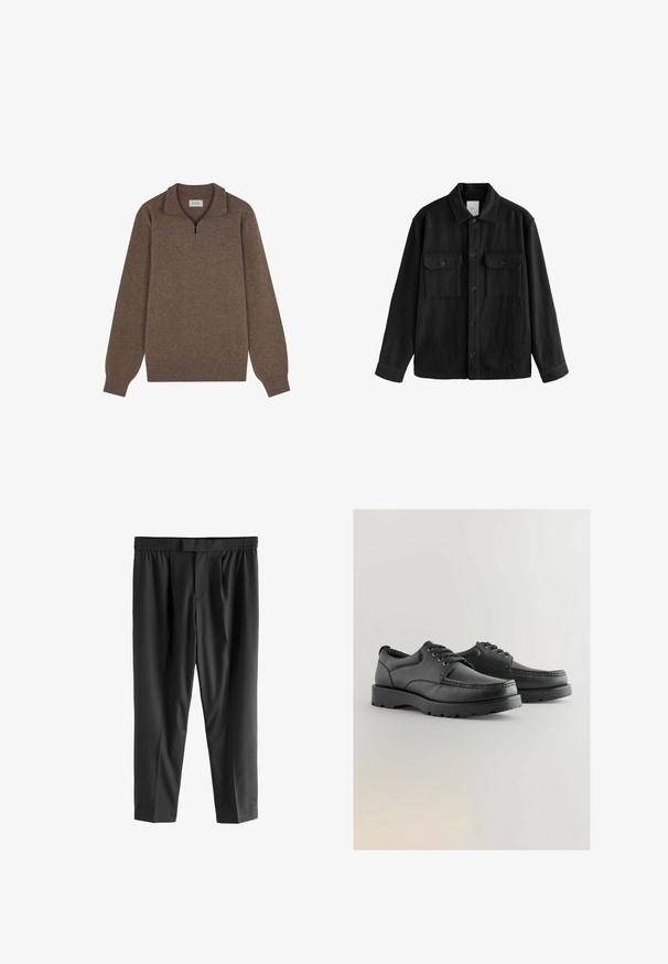 Zwarte oversized shirt gemaakt van zachte stof, met lange mouwen, twee borstzakken, een knoopsluiting aan de voorkant en een klassiek kraagontwerp.; Bruine pullover trui met een kwart rits kraag, lange mouwen, ribgebreide manchetten en zoom, gemaakt van een zachte, gestructureerde stof.; Next REGULAR FIT -CHECK SMART - Chino - black; Zwarte leren schoenen met een gestructureerde bovenkant, ronde neus, vetersluiting en dikke rubberen zolen met een patroon.