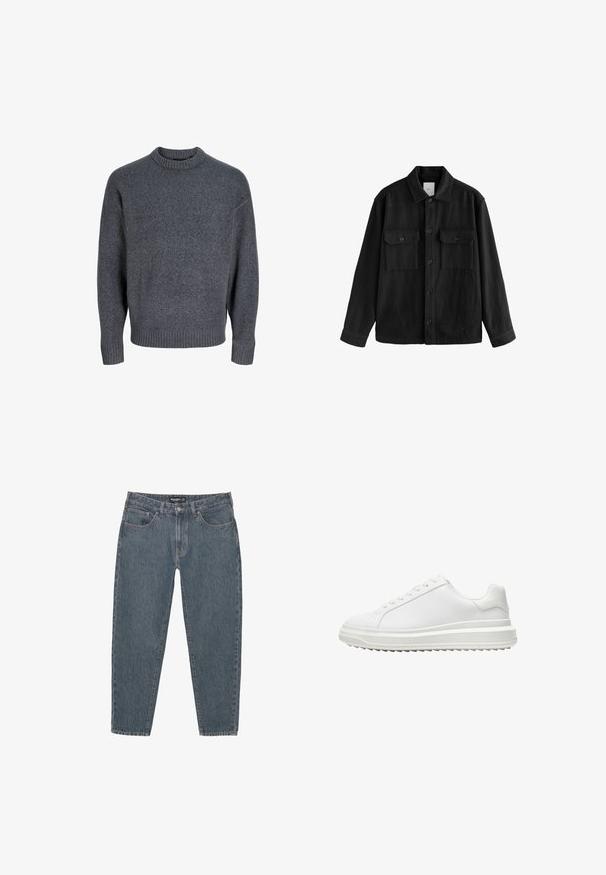 Črna oversize srajca iz mehkega materiala, z dolgimi rokavi, dvema žepoma na prsih, z gumbi na sprednji strani in klasično zasnovo ovratnika.; Siv sweater iz mehkega materiala, ki ima nổižan ovratnik in manšete, s preprostim, klasičnim oblikovanjem in teksturirano površino.; Temno modri traper hlače z sproščenim krojem, petimi žepi, gumbom za zapiranje in rahlo strganim robom. Trpežen material z rahlo teksturo.; Beli copati z gladkim sintetičnim zgornjim delom, okroglo konico, ravnim vezalkami, teksturiranim podplatom in slojevito platformo za dodatno višino.
