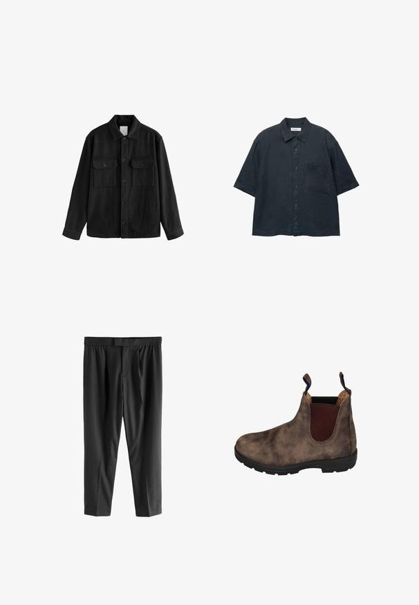 Chemise oversize noire en tissu doux, dotée de manches longues, de deux poches poitrine, d'une fermeture à boutons et d'un col classique.; Chemise à manches courtes bleu foncé, en tissu léger, avec une poche poitrine et un design de col classique.; Next REGULAR FIT -CHECK SMART - Chino - black; Bottines en cuir marron avec des panneaux élastiques sur les côtés, finition texturée, semelle en caoutchouc noir et languette au talon pour un enfilage facile.