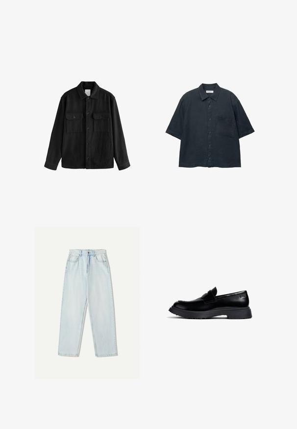 Cămașă neagră supradimensionată dintr-un material moale, având mâneci lungi, două buzunare pe piept, închidere cu butoane și un guler clasic.; Cămășuță scurtă cu mânecă închisă la culoare, fabricată dintr-un material ușor, având un buzunar pe piept și un guler clasic.; Blugi din denim de culoare albastru deschis, cu o croială relaxată, design cu picior drept, stilizare cu cinci buzunare și decolorare subtilă pe material.; Mocasini din piele neagră cu talpă din cauciuc masiv și detaliu cu marcă pe călcâi, prezentați în profil pe un fundal alb.