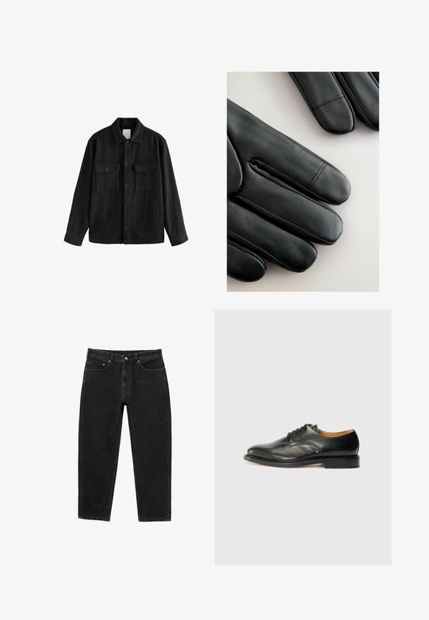 Czarna, oversize koszula wykonana z miękkiego materiału, z długimi rękawami, dwiema kieszeniami na piersi, z przodem zapinanym na guziki oraz klasycznym kołnierzem.; Czarna koszula z długim rękawem wykonana z miękkiego materiału. Posiada wyłogi ze szpicem, pełny zamek na guziki oraz mankiety zapinane na guziki. Brak wzorów lub akcentów.; Czarne dżinsy z wysokim stanem, prostą nogawką, z przodu z guzikami, zamkiem błyskawicznym, szlufkami na pasek oraz pięcioma kieszeniami.; Czarne skórzane buty eleganckie z gładkim wykończeniem, okrągłym noskiem i minimalnym sznurowaniem. Charakteryzują się subtelnym wzornictwem oraz niską, solidną gumową podeszwą.; Czarne skórzane rękawiczki o gładkiej teksturze, eleganckim designie i wyraźnym szwie wzdłuż palców, z lekko zaokrąglonym czubkiem na każdym palcu.