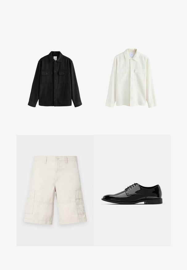 Czarna, oversize koszula wykonana z miękkiego materiału, z długimi rękawami, dwiema kieszeniami na piersi, z przodem zapinanym na guziki oraz klasycznym kołnierzem.; Kremowa koszula z długim rękawem, wykonana z teksturowanej tkaniny, z kołnierzykiem, dwiema kieszeniami na piersiach oraz mankietami z guzikami.; Beżowe szorty cargo wykonane z lekkiej bawełny, z dwoma bocznymi kieszeniami, zapięciem na guzik z przodu oraz przeszyciami.; Czarne, lakierowane buty wizytowe ze zaokrąglonym noskiem, sznurowane, o gładkiej, błyszczącej powierzchni. Posiadają niski, gumowy obcas.