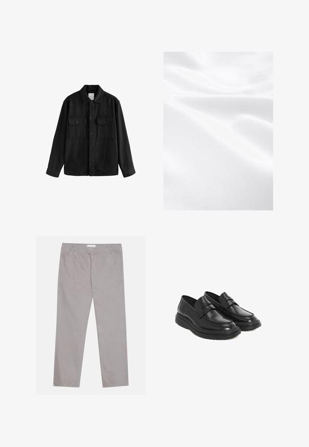 Must have suure ja pehmest kangast oversize-särk, millel on pikad varrukad, kaks rinnataskut, nööpidega esiosa ja klassikaline krae.; Valge riie, millel on sile tekstuur, näidates kortse ja peent läiget, mis viitab kergele ja pehmele materjalile.; Heledad hallid puuvillased püksid, millel on elastne vöökoht, kaks külgtaskut, sirge jala disain ja sile tekstuur. Lihtne õmbluse detail.; Mustad mustad nahast sussid, ümarate varvastega, õmblusdetailide ja platvorm-kummitaldadega. Omab dekoratiivset rihma üle varba.