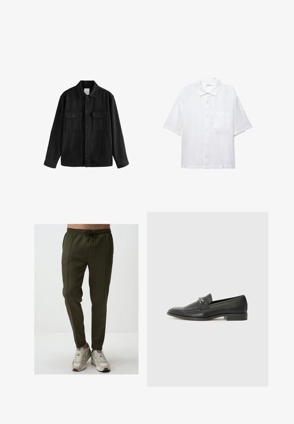 Schwarzes, übergroßes Hemd aus weichem Material, mit langen Ärmeln, zwei Brusttaschen, Knopfverschluss und klassischem Kragen.; Weißes Kurzarmhemd mit Knopfleiste, Kragen und einer Brusttasche. Aus leichtem Stoff mit glatter Textur gefertigt.; Olivgrüne Jogginghose aus strukturiertem Stoff, mit elastischem Bund und Kordelzug, seitlichen Taschen und schmal zulaufenden Beinen.; Schwarzer Lederloafer mit glatter Oberfläche, ausgestattet mit einer gesteppten Gestaltung und einem dekorativen Metallkettendetail über dem Vorderblatt. Flacher Absatz.