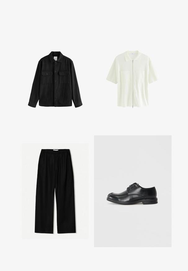 Schwarzes, übergroßes Hemd aus weichem Material, mit langen Ärmeln, zwei Brusttaschen, Knopfverschluss und klassischem Kragen.; Kurzärmliges, weißes Kapuzenshirt aus strukturiertem Stoff mit Kragen und zwei Vordertaschen mit quadratischen Klappen.; Schwarze Leinen-Hosen mit weitem Bein und elastischem Bund, ausgestattet mit Seitentaschen und einer glatten Textur für Komfort und Atmungsaktivität.; Schwarze Leder Schnürschuhe mit runder Zehenpartie, glatter Textur und niedrigem Absatz. Mit steppenden Details entlang der Oberseite und der Seiten.