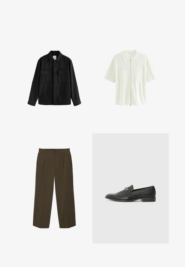 Zwarte oversized shirt gemaakt van zachte stof, met lange mouwen, twee borstzakken, een knoopsluiting aan de voorkant en een klassiek kraagontwerp.; Korte mouw, witte ritshemd gemaakt van textuurstof, met een kraag en twee voorzakken met vierkante flappen.; Bruine, losse vouwbroek gemaakt van zachte stof met een vlakke voorkant, zijzakken en een knoopsluiting in de taille. Eenvoudig ontwerp zonder patronen.; Zwarte leren instapper met een gladde afwerking, voorzien van een gestikt ontwerp en een decoratieve metalen kettingaccent over de wreef. Platte hak.