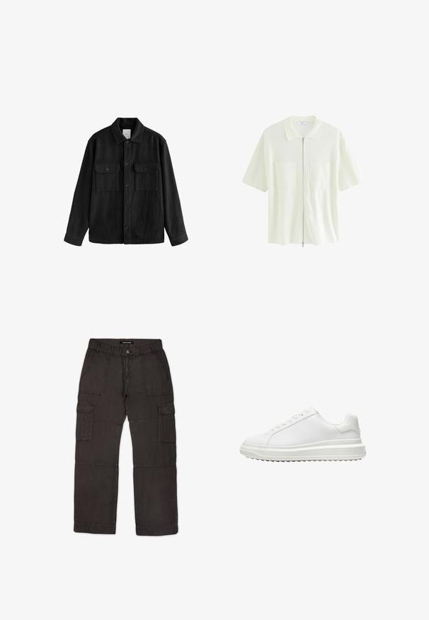 Musta ylipitkä paita, joka on valmistettu pehmeästä kankaasta. Paidan ominaisuuksiin kuuluvat pitkät hihat, kaksi rintataskua, nappisulku ja klassinen kaulussuunnittelu.; Hihaton, valkoinen vetoketjupaita, joka on valmistettu tekstuurista kankaasta. Paidassa on kauluksellinen kaula-aukko ja kaksi etutaskua, joissa on neliönmuotoiset läpät.; Cargo-housut tummanharmaasta kankaasta, joissa on useita taskuja, edessä nappikiinnitys ja ommellut yksityiskohdat saumoissa. Tasainen etuosa ja rento istuvuus.; Valkoiset kengät, joissa on sileä synteettinen päällinen, pyöreä kärki, litteät nauhat, kuvioitu pohja ja kerroksellinen, platform-mallinen muotoilu lisäkorotusta varten.
