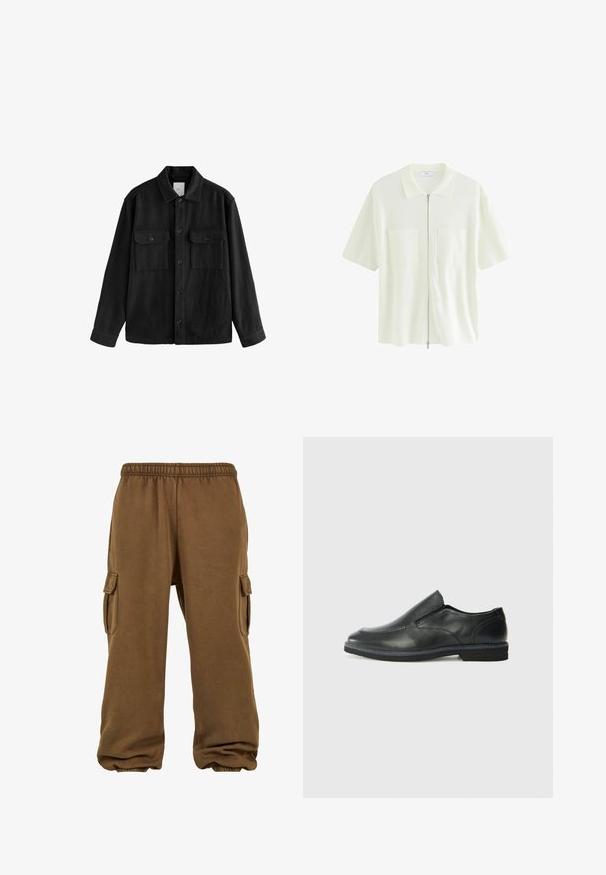 Čierna voľná košeľa vyrobená z mäkkej tkaniny, s dlhými rukávmi, dvoma náprsníkovými vreckami, predným zapínaním na gombíky a klasickým dizajnom goliera.; Krátky rukáv, biele zipsové tričko vyrobené z textúrovanej tkaniny, s golierom a dvoma prednými vreckami so štvorcovými chlopňami.; Hnedé teplákové nohavice vyrobené z mäkkej tkaniny s voľným strihom, s elastickým pásom, zúženými manžetami a bočnými cargo vreckami.; Čierny kožený nazúvací topánka s hladkým zvrškom, prešitými akcentmi, zaoblenou špičkou a nízkym gumovým podpätkom. Podošva má minimálny dezén.